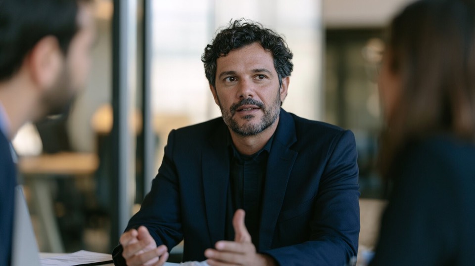 Homem explicando um assunto em uma reunião de trabalho