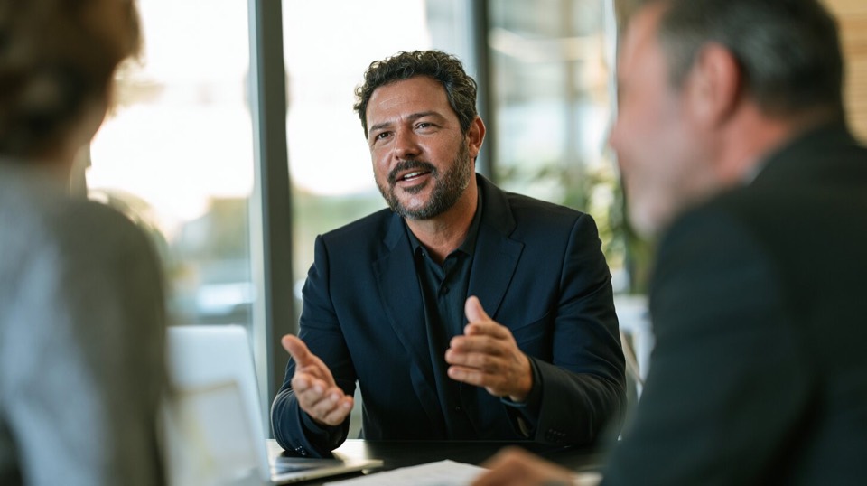 Reunião de trabalho com três pessoas em um escritório